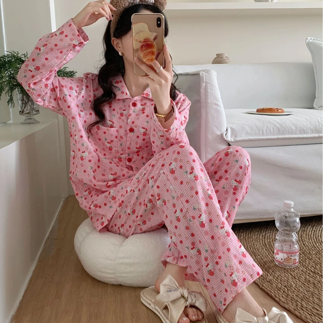 睡个好觉草莓凯蒂猫25年春夏新款纯棉双层纱女长袖长裤睡衣居家服