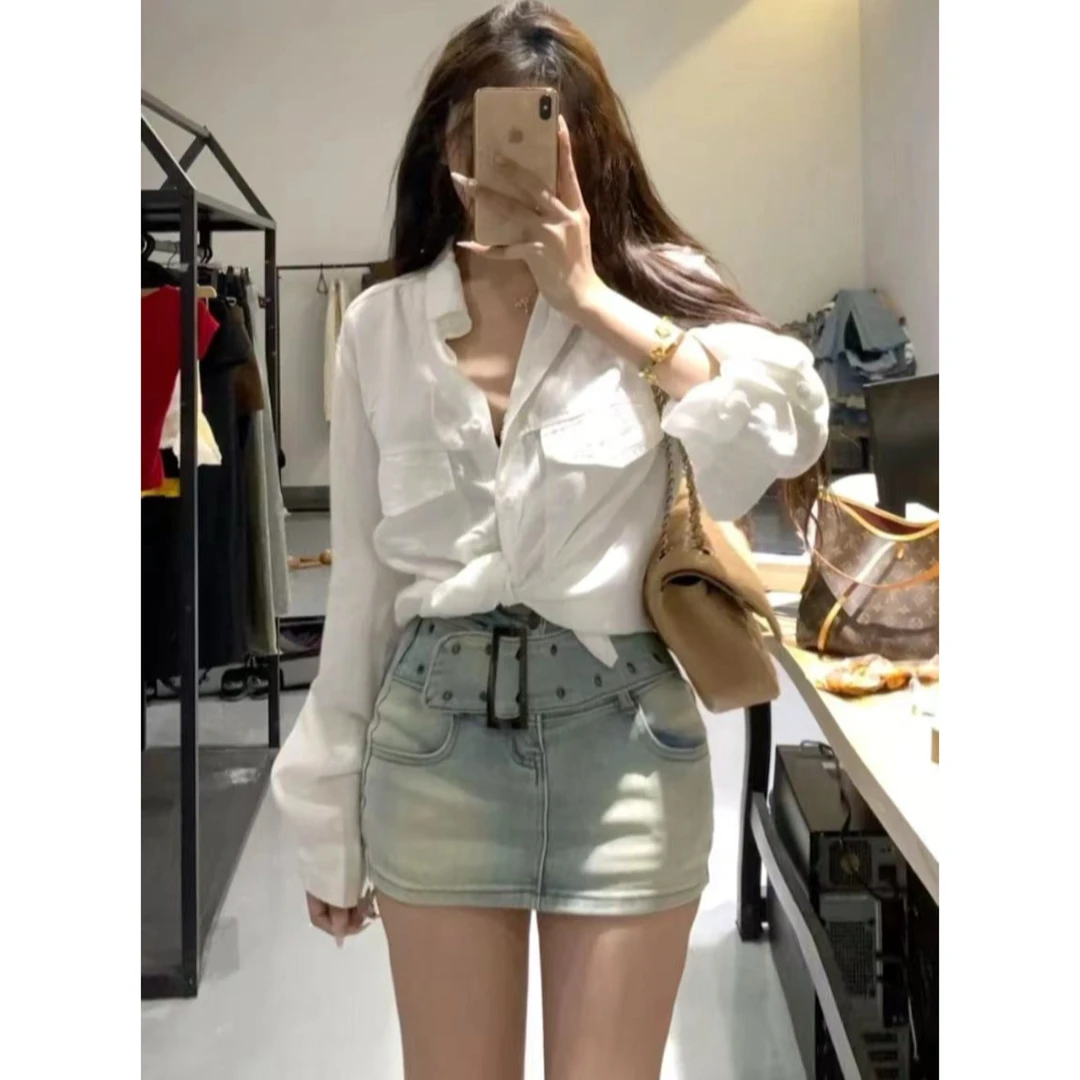 设计感腰带水洗牛仔半身裙女2025冬季新款高腰修身显瘦包臀裤裙