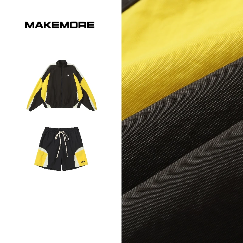 Makemore运动套装男新款拼色防风刺绣夹克外套宽松轻盈抽绳短裤女