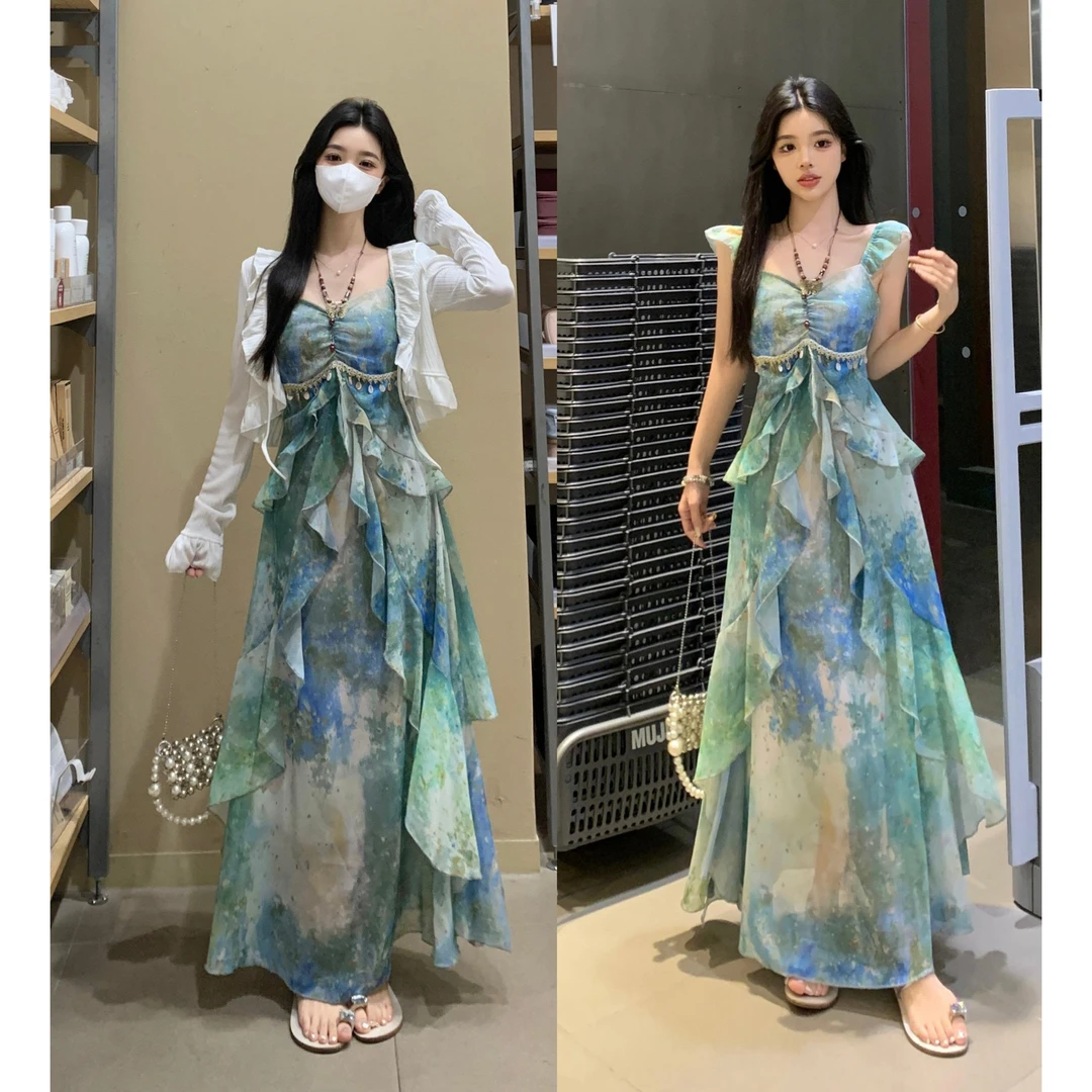 大码女装夏季度假海边荷叶边吊带气质显瘦遮肉连衣裙胖MM防晒开衫