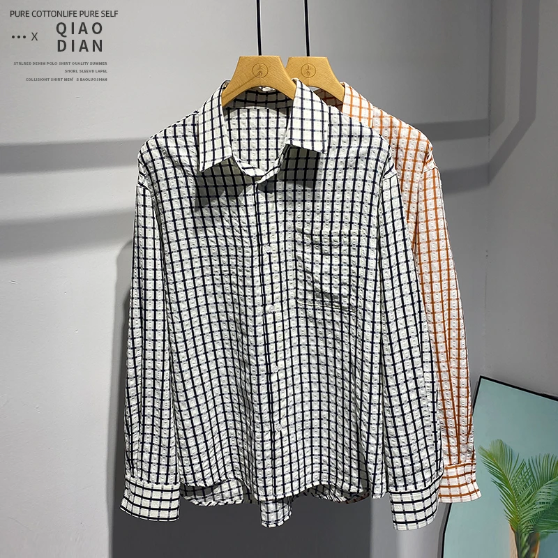 格纹拼接百搭潮流风设计宽松翻领外套春季休闲舒适商务长袖衬衫男