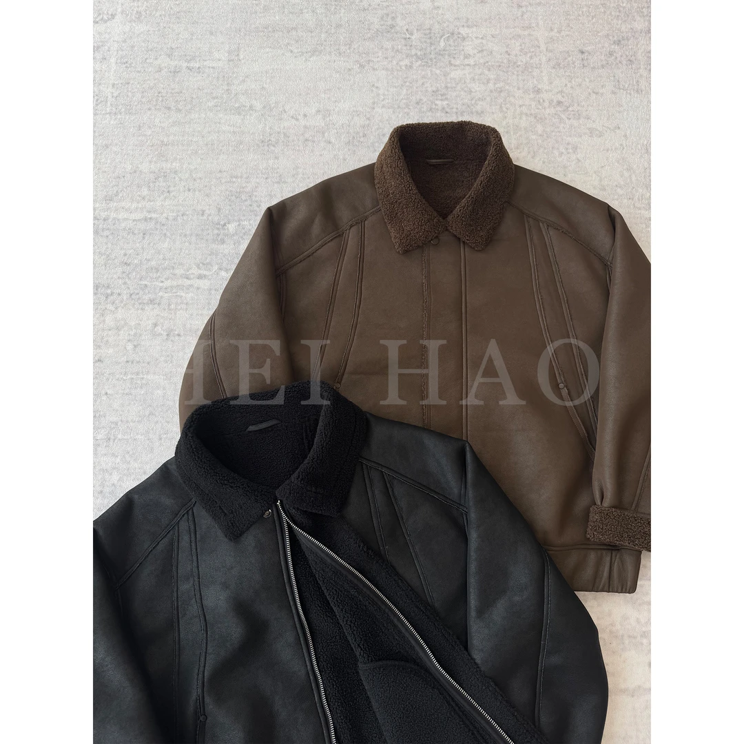 Hei Hao】 翻领免烫保暖冬季男士外套水洗加厚皮毛一体飞行员夹克