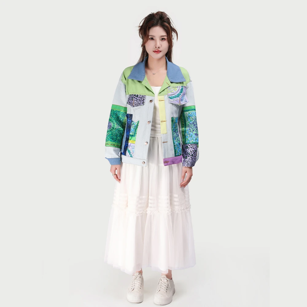 RAQWT32594新款春秋撞色小个子牛仔外套女拼接短款夹克衫休闲上衣