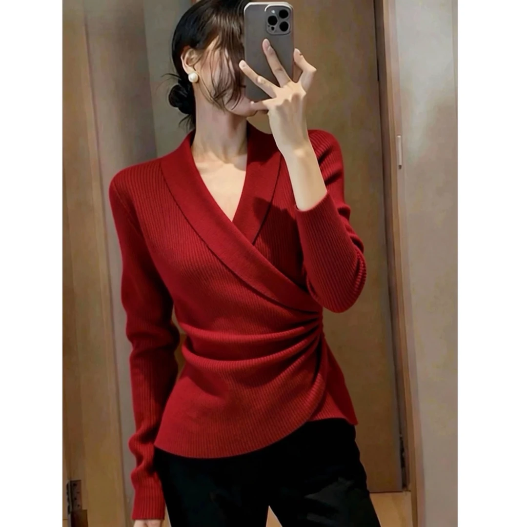 Z480红色针织衫女秋冬新款气质褶皱修身打底上衣复古港风毛衣