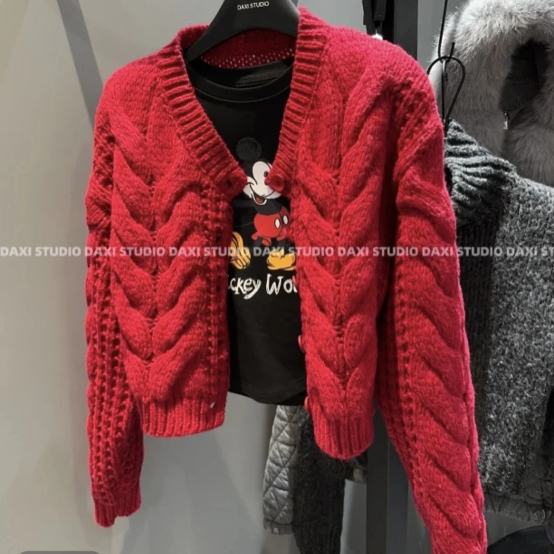 【圣诞红重工单排扣麻花针织开衫】韩系百搭软糯百搭慵懒风毛衣外套