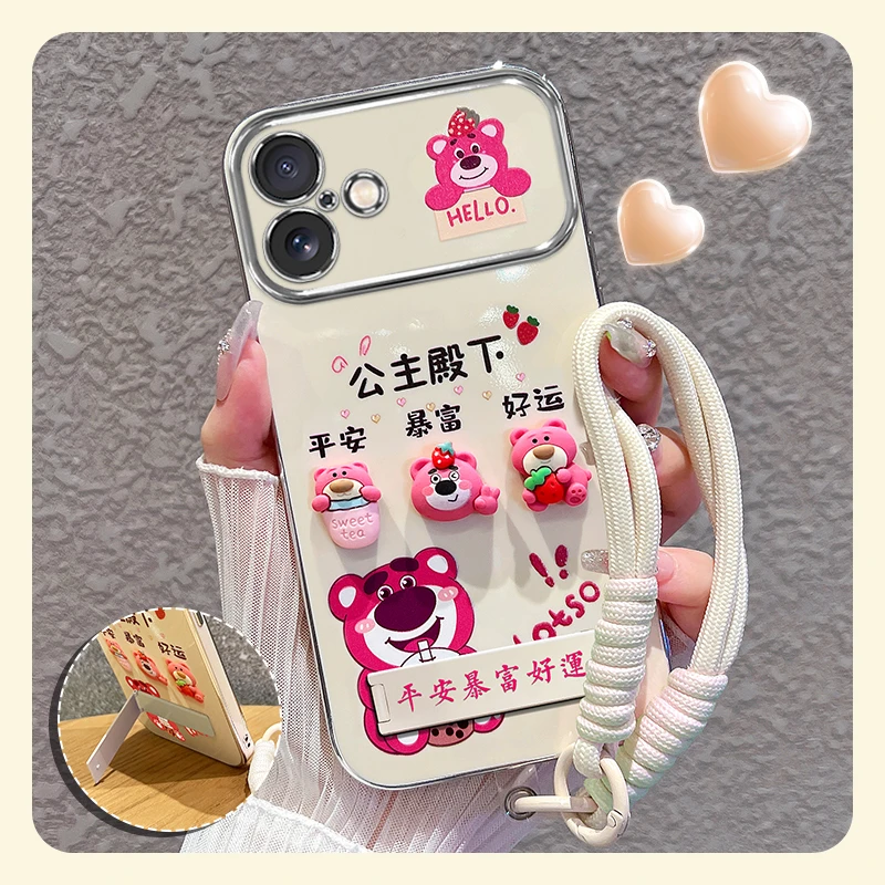 适用iphone16手机壳苹果16粉色草莓熊大视窗硅胶防摔女款可爱创意