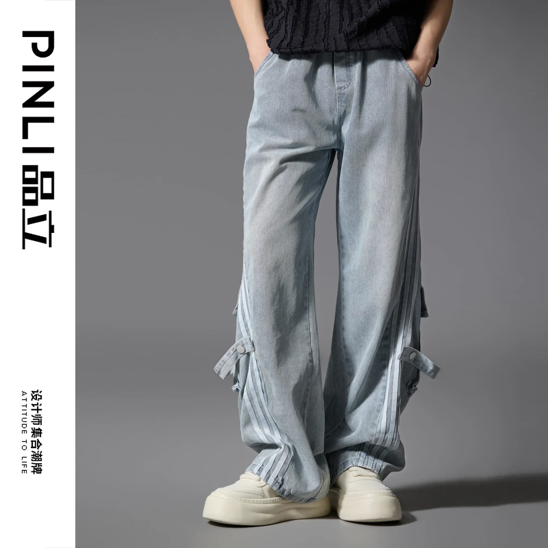 【PINLI品立】春季新款男士条纹松紧腰直筒牛仔长裤潮GD251116004