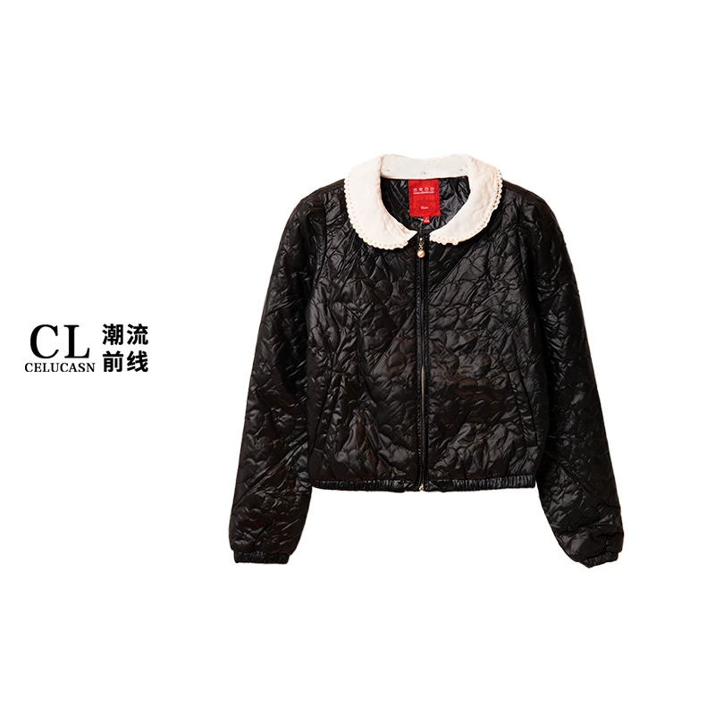 EARFH036#秋冬季黑色棉服女士短款时尚小个子夹克外套女
