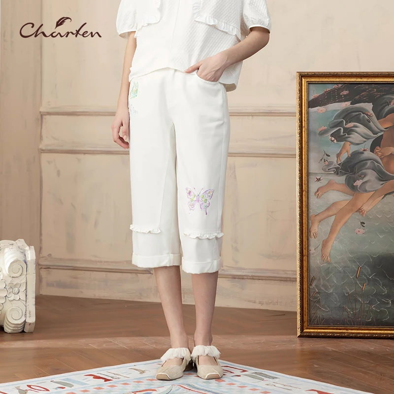 【媛媛专享】朝峰春夏高腰绣花牛仔七分裤CFD2F325-3067P