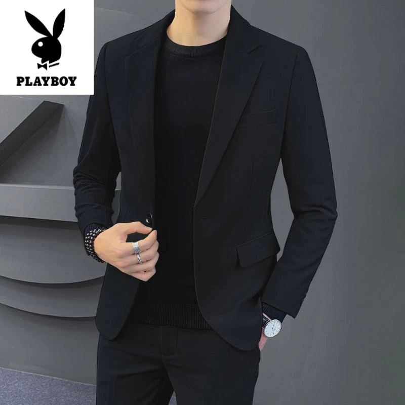 花花公子花花公子黑色西服套装男士冬季修身休闲小西装外套帅气潮
