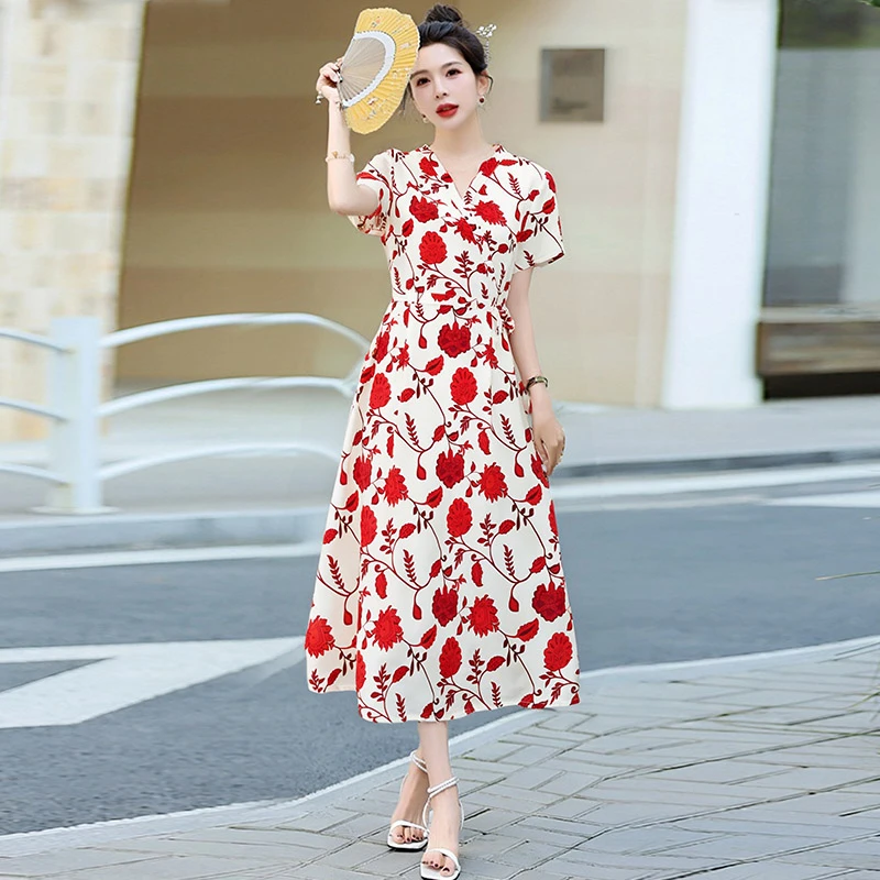 真丝绸缎连衣裙女2025夏季新款桑蚕丝大牌短袖妈妈气质显瘦长裙子