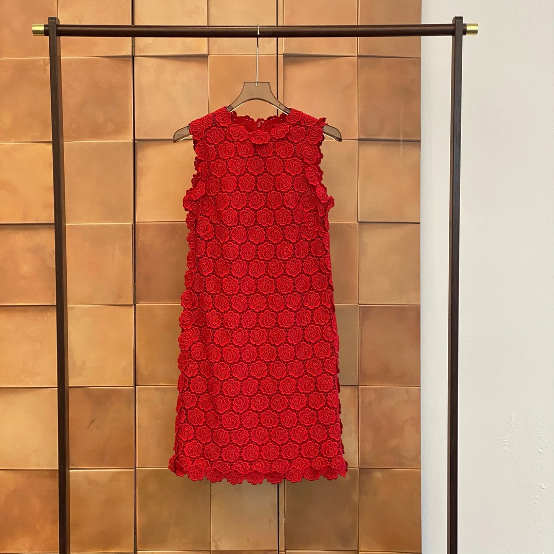 Valentino红色刺绣花卉连衣裙/40码/存放品/29094