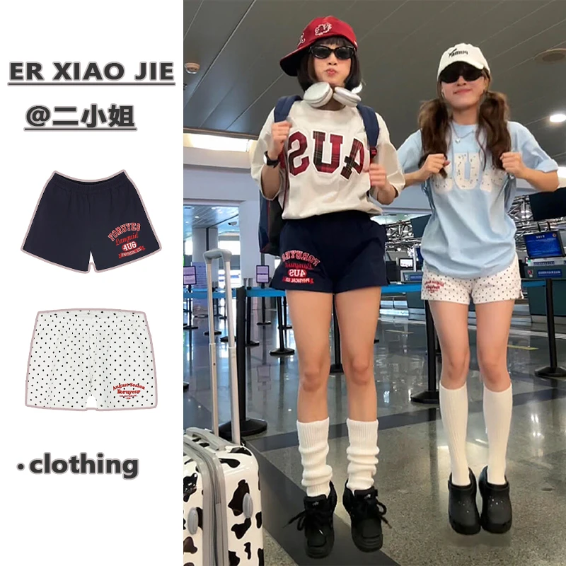美式藏青色运动短裤女薄款外穿夏季直筒宽松显瘦阔腿休闲包臀热裤