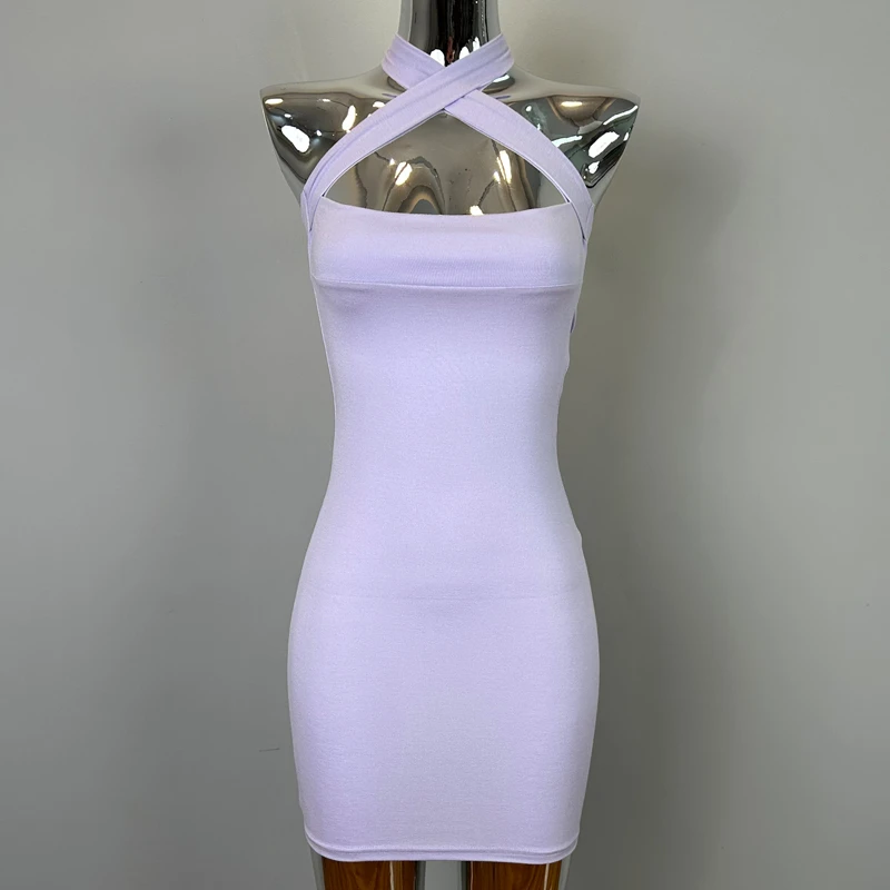 纯欲风辣妹风性感显身材露肩系带包臀抹胸短裙夏季褶皱紫色连衣裙