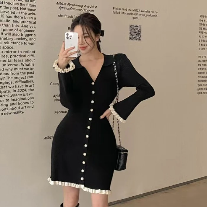 韩版 INS   修身  小个子 洋气Polo领 针织连衣裙