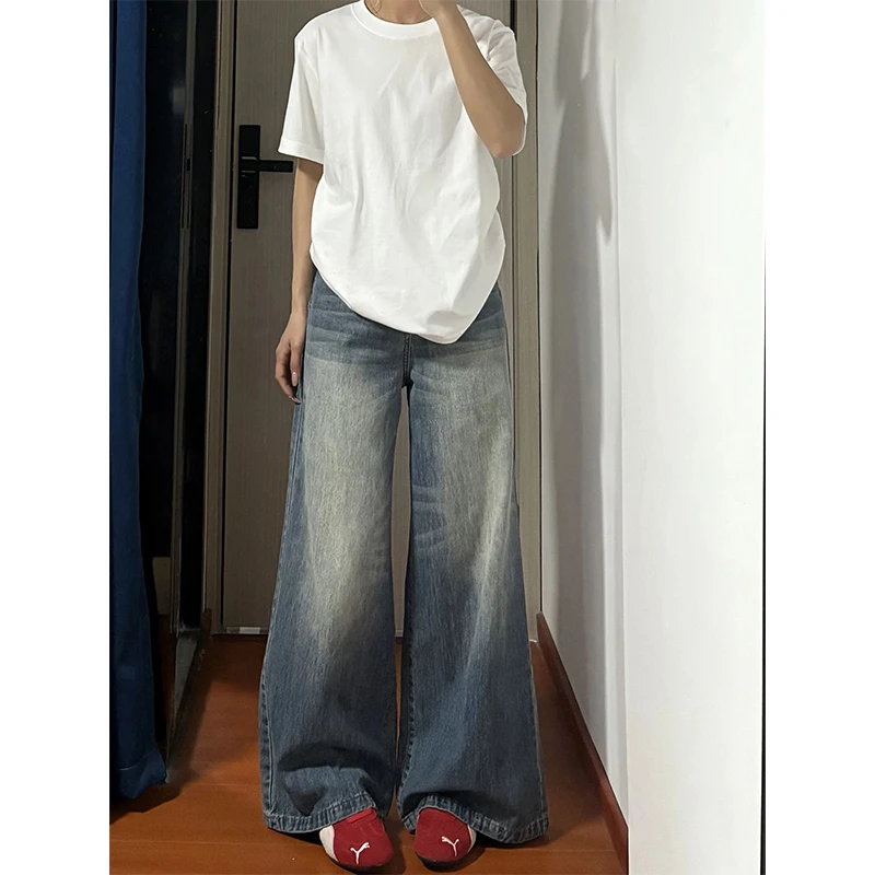水洗做旧A版阔腿牛仔裤女秋季新款复古高腰宽松显瘦直筒拖地裤子