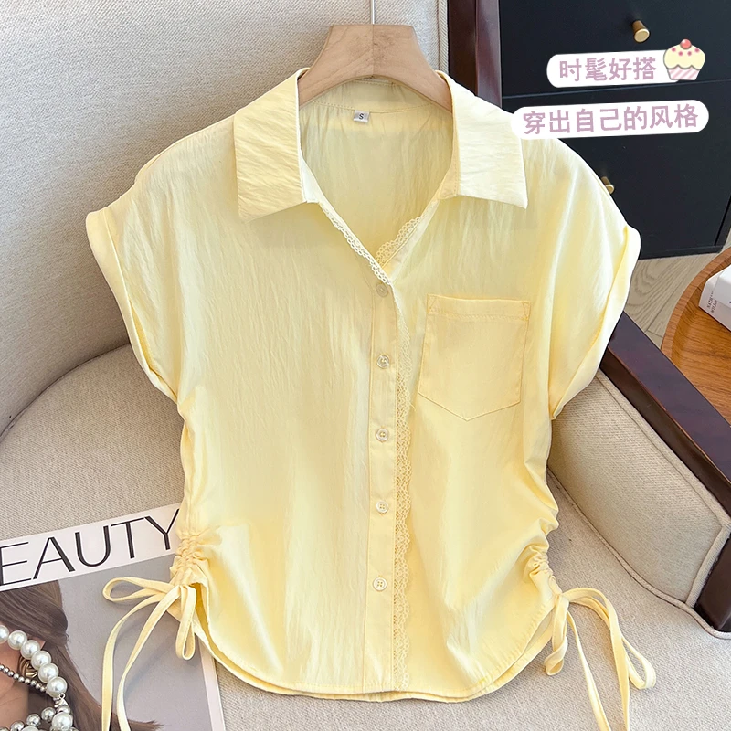 夏季新款洋气蕾丝拼接短袖衬衫女时尚百搭显瘦抽绳减龄薄款上衣
