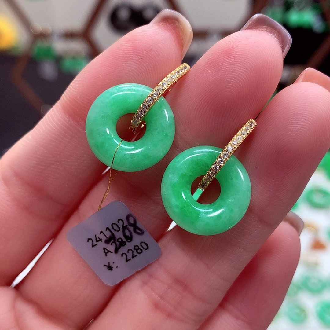 翡翠耳饰银S925镶嵌天然翡翠