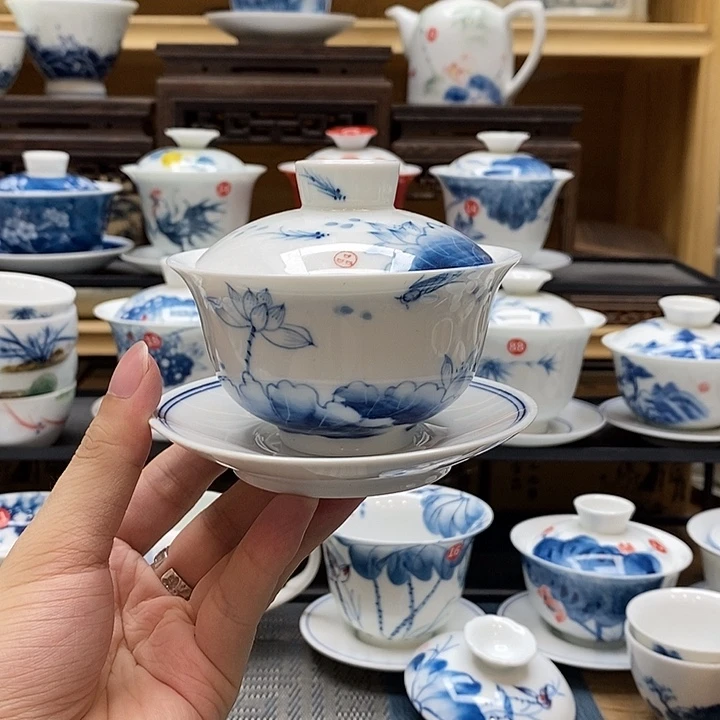 手绘鱼跃龙门150盖碗釉下彩高温瓷微瑕福利款