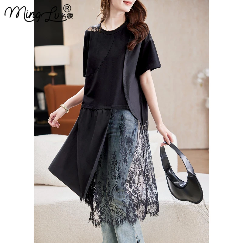 高级感蕾丝镂空拼接短袖T恤2025夏季洋气设计感休闲百搭棉质女装