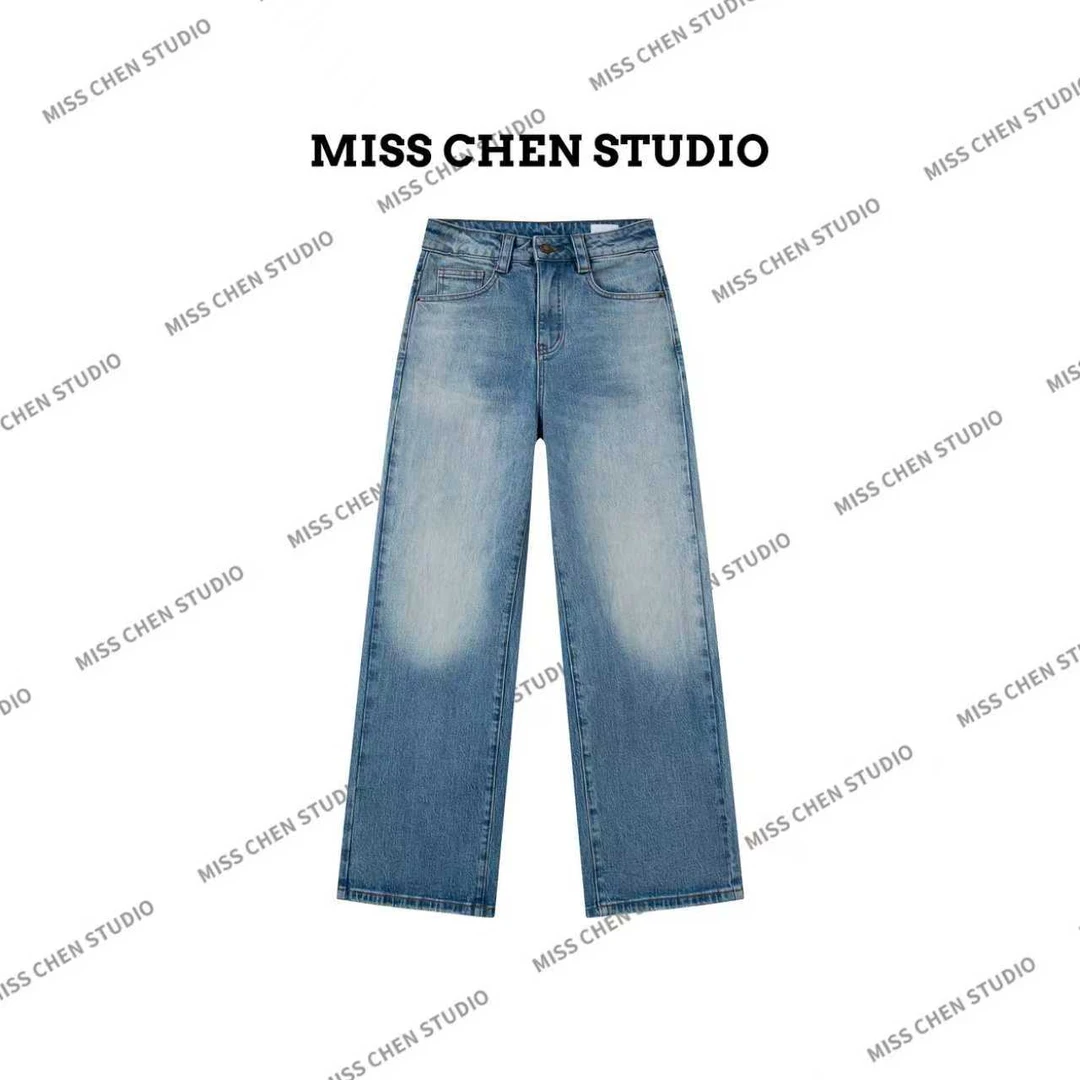 【th？row】常规日奢风褶皱腰 复古雾霾蓝 国风牛仔裤女装5516直筒裤