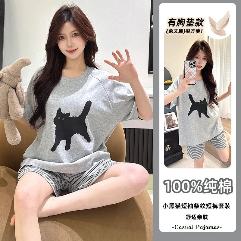 睡衣女2025年夏季新款纯棉带胸垫夏天网红爆款短袖短裤家居服套装