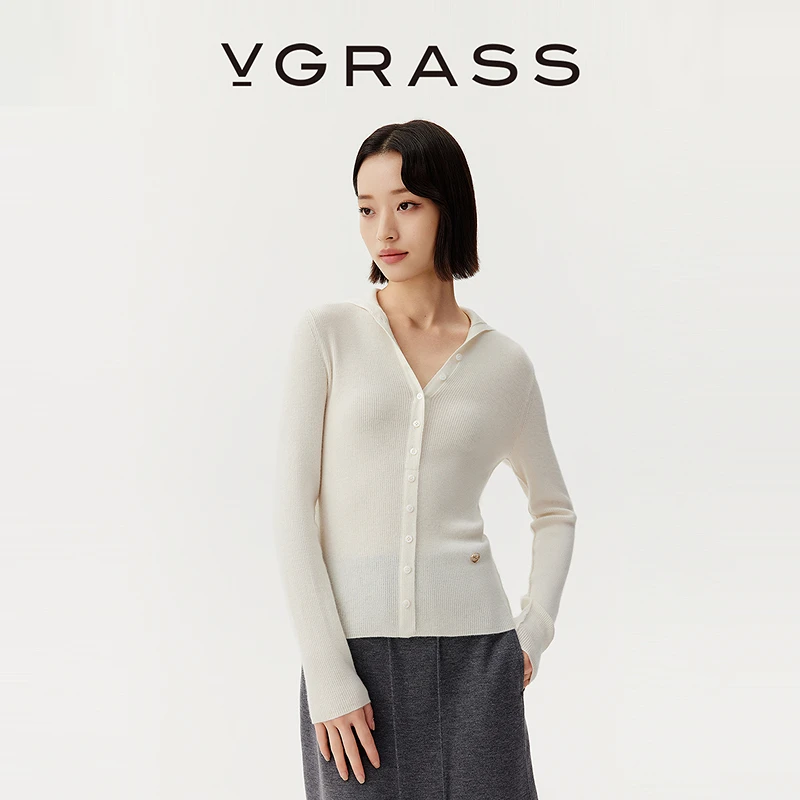 【WISH系列】VGRASS25早秋新款精纺羊绒修身半开门襟针织衫