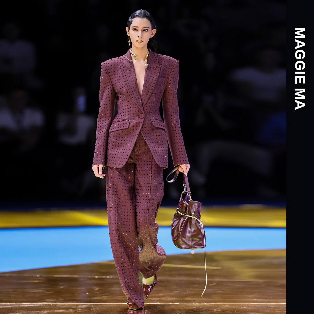 MAGGIE MA马婧设计师款红紫色重工烫钻气质显瘦西装套装465C/466P