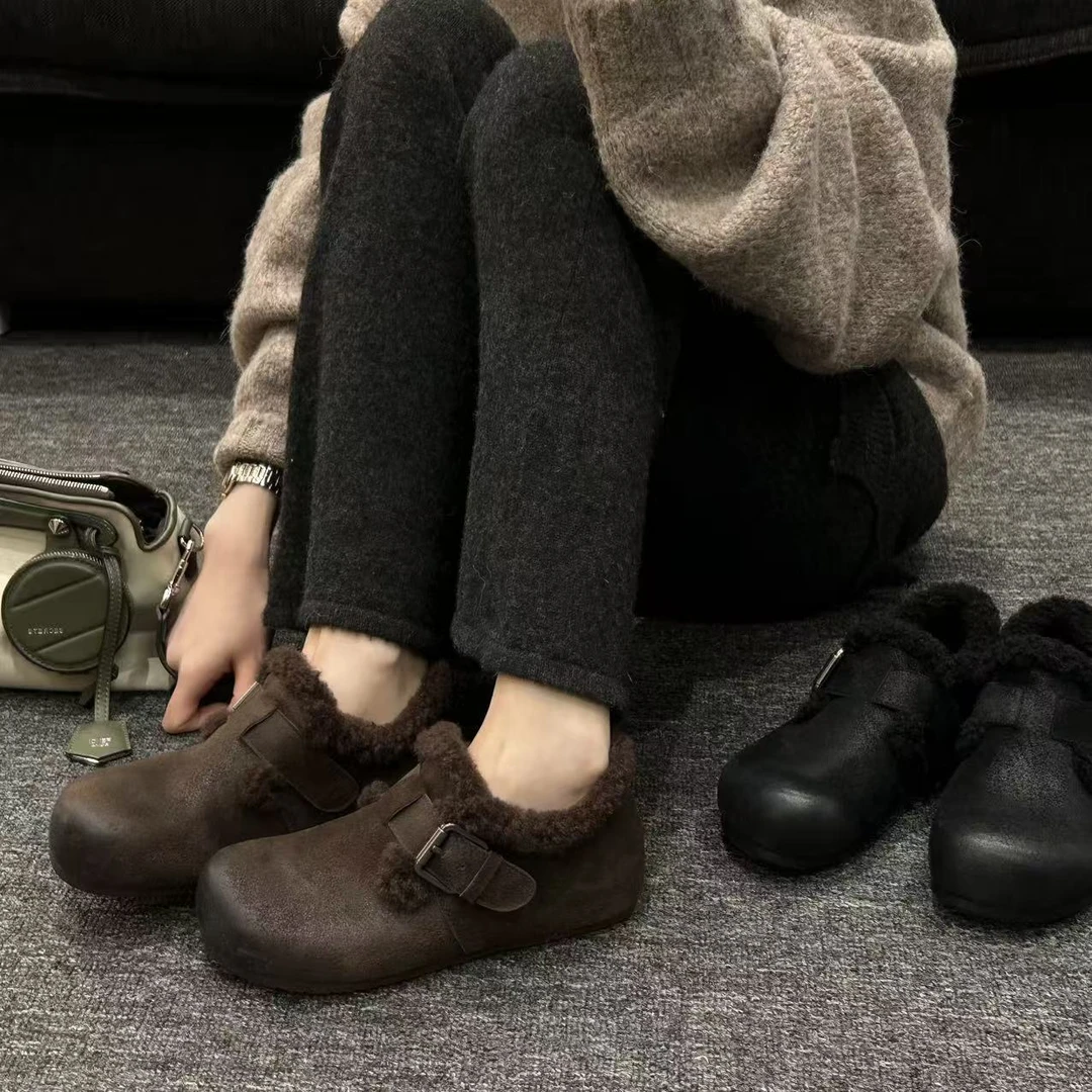 内增高加绒复古全包勃肯鞋女2025新款冬毛毛鞋一脚蹬棉鞋子雪地靴