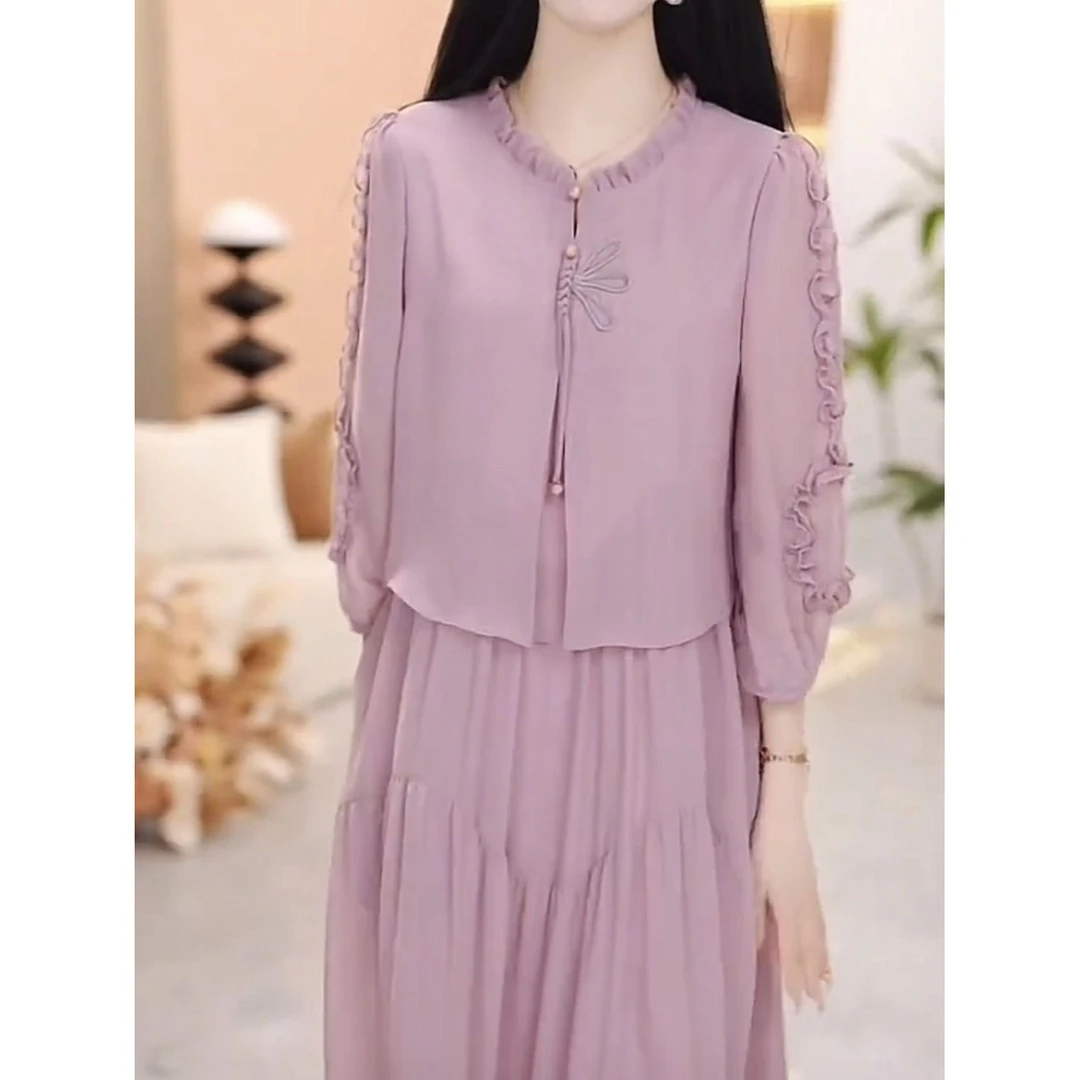 高级母亲节气质时尚花边拼接假俩件长裙2025夏季新款清晰淡雅裙子