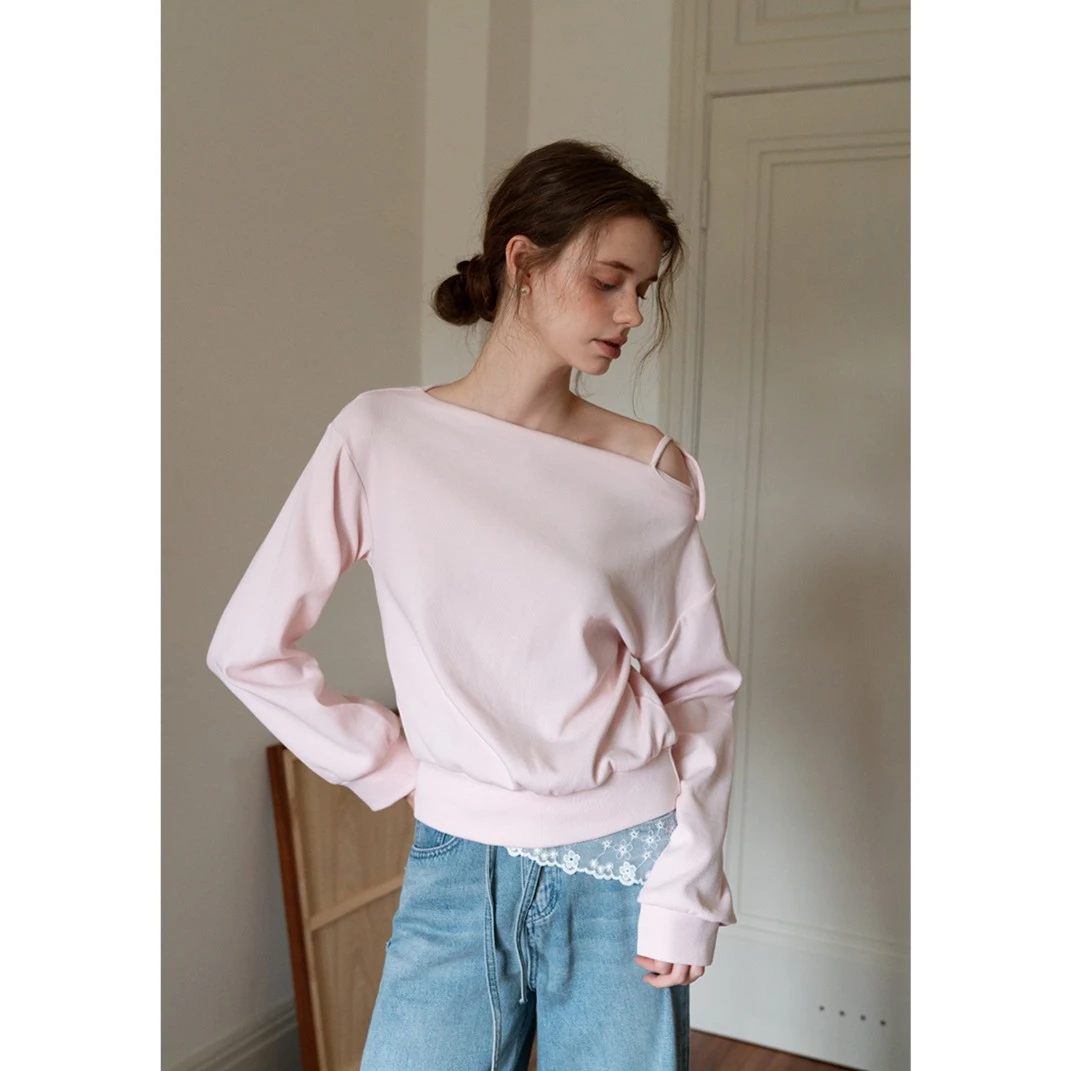 EGGKA 系带宽松显瘦T恤女春季休闲气质长袖简约上衣 E25A3570AF