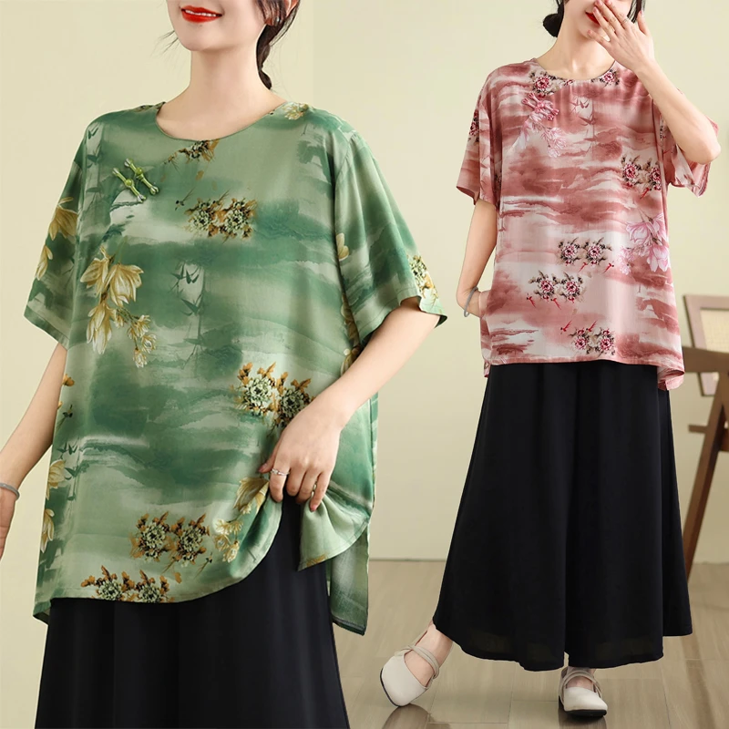 夏季新款新中式盘扣绵绸大码T恤上衣中老年妈妈装女中长款短袖衫
