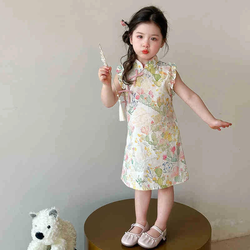 女童无袖撞色棉布连衣裙子夏季新款宝宝洋气韩版花朵公主裙