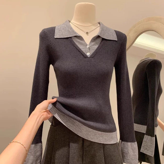 大码遮肚翻领打底衫针织衫撞色假两件毛衣胖mm洋气上衣2025年秋冬