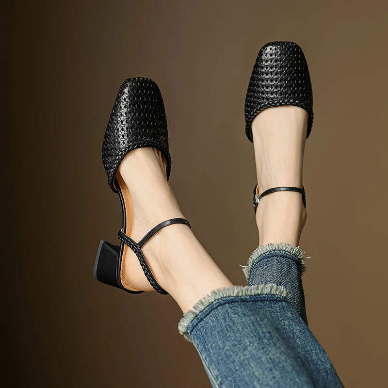 5cm~真皮镂空编织包头凉鞋女夏季新款粗跟通勤罗马鞋高跟百搭女鞋