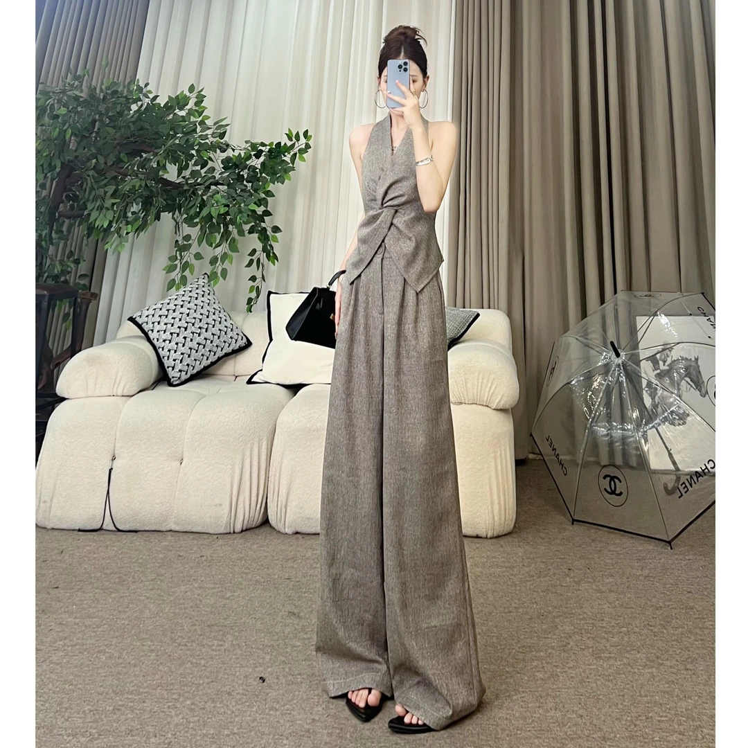 夏季法式无袖扭结收腰高腰阔腿长裤套装纯欲慵懒风女装知性风衣服