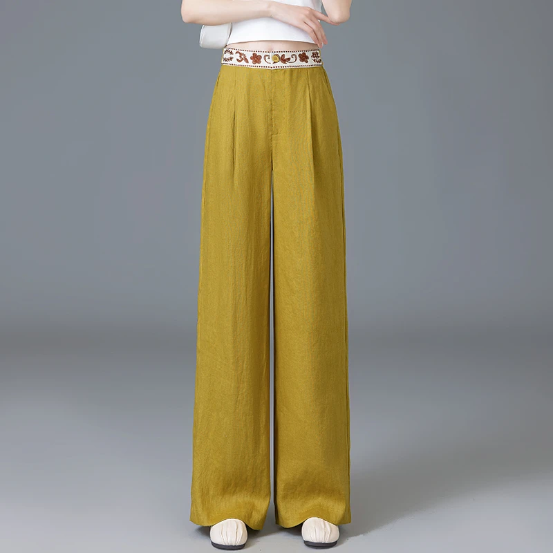 姜黄色亚麻阔腿裤女夏季新款国风刺绣高腰薄款天丝休闲长裤子5025