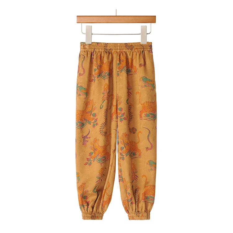 莨宝宝 「虎镇五毒」B006长裤100%桑蚕丝透孔罗红云纱束脚休闲裤