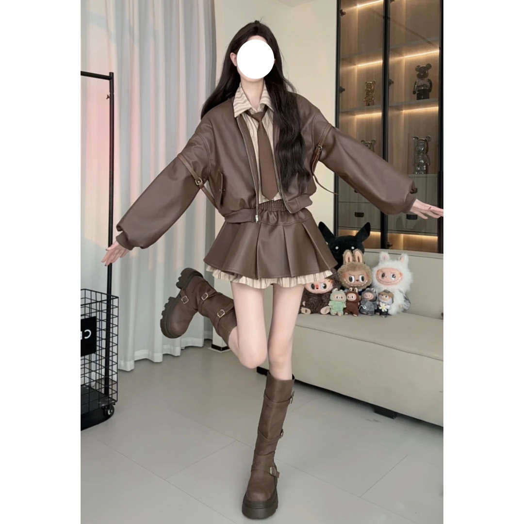 秋冬季设计感衬衫拼接皮衣夹克外套遮肉显瘦百褶女装禅意仙气飘飘