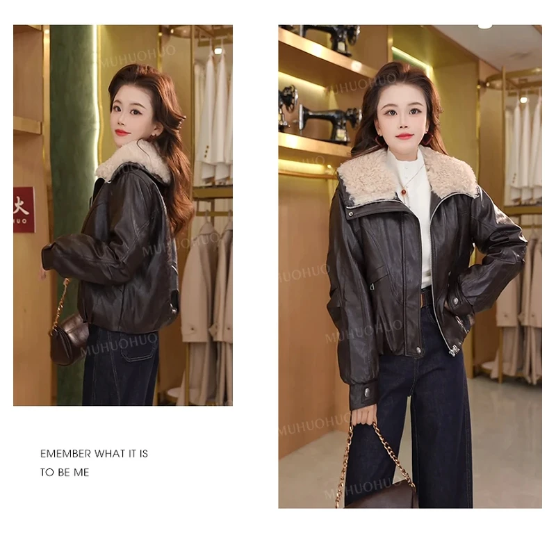 毛绒大翻领加绒保暖皮衣外套女2025秋冬新款宽松显瘦上衣