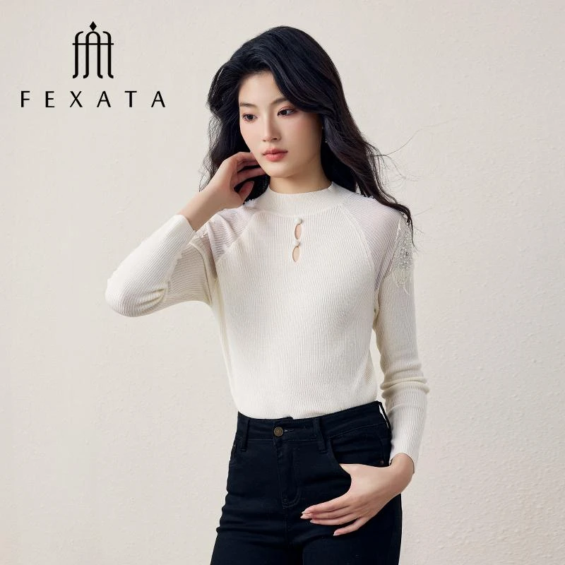 【达人专属】FEXATA斐格思镂空钉珠绣花修身针织衫