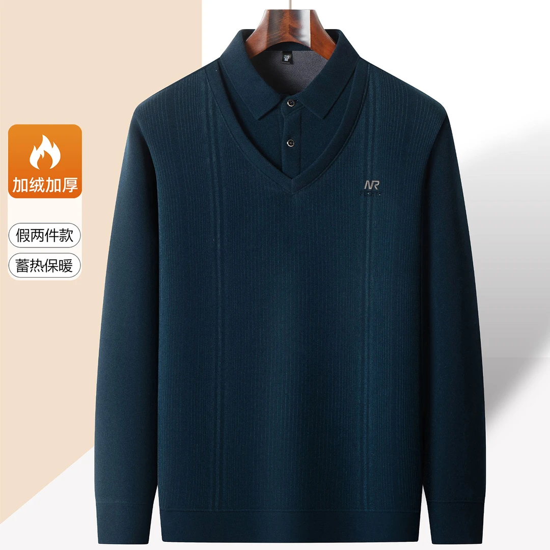 秋冬季磨毛保暖长袖男爸爸装加绒加厚针织衫中年休闲假两件上衣服