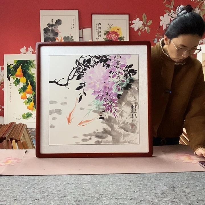 国画手写手绘带框包邮国画作品62✖️62