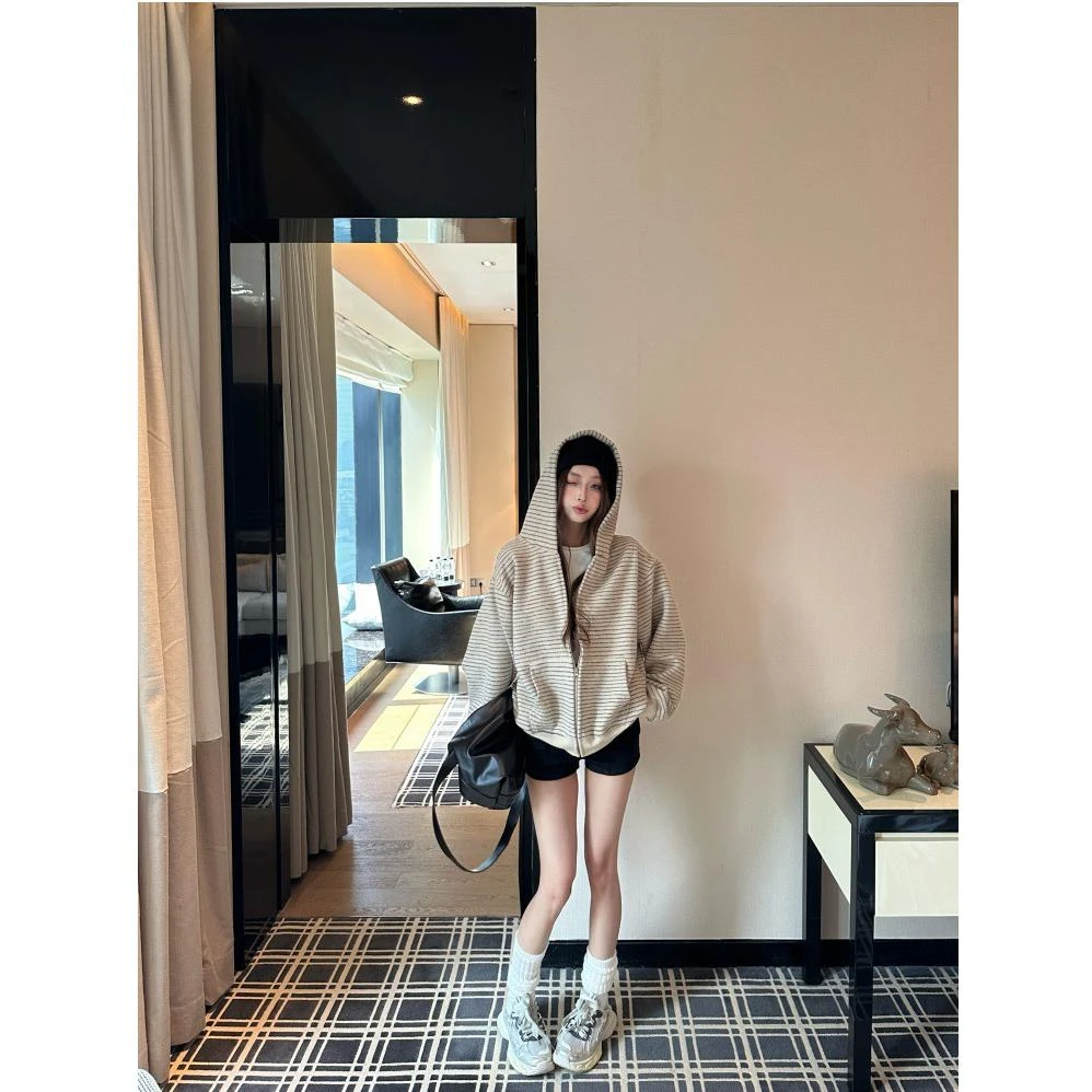 连帽卫衣外套女春秋季2025新款韩系慵懒拉链条纹开衫上衣早秋穿搭