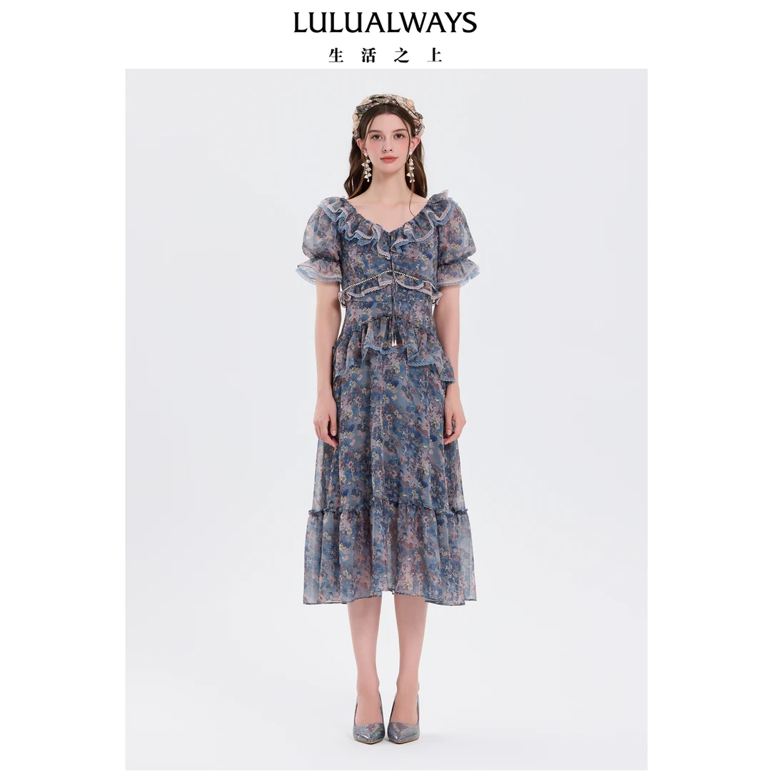 LULUALWAYS25夏季新款气质收腰显瘦雪纺连衣裙女小个子