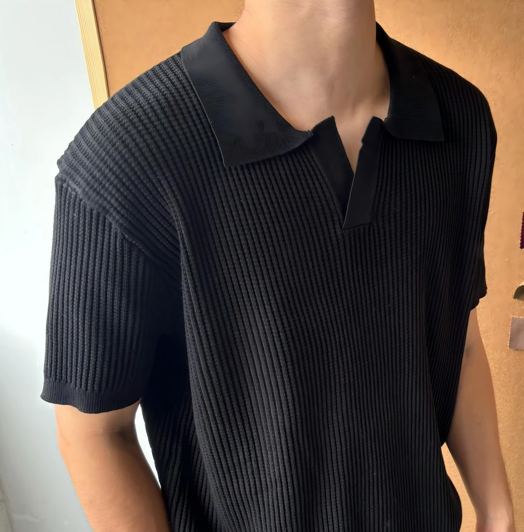 RIGOCOKN【老钱系列】菠萝纹18针法老钱风翻领cleanfit针织T恤新品