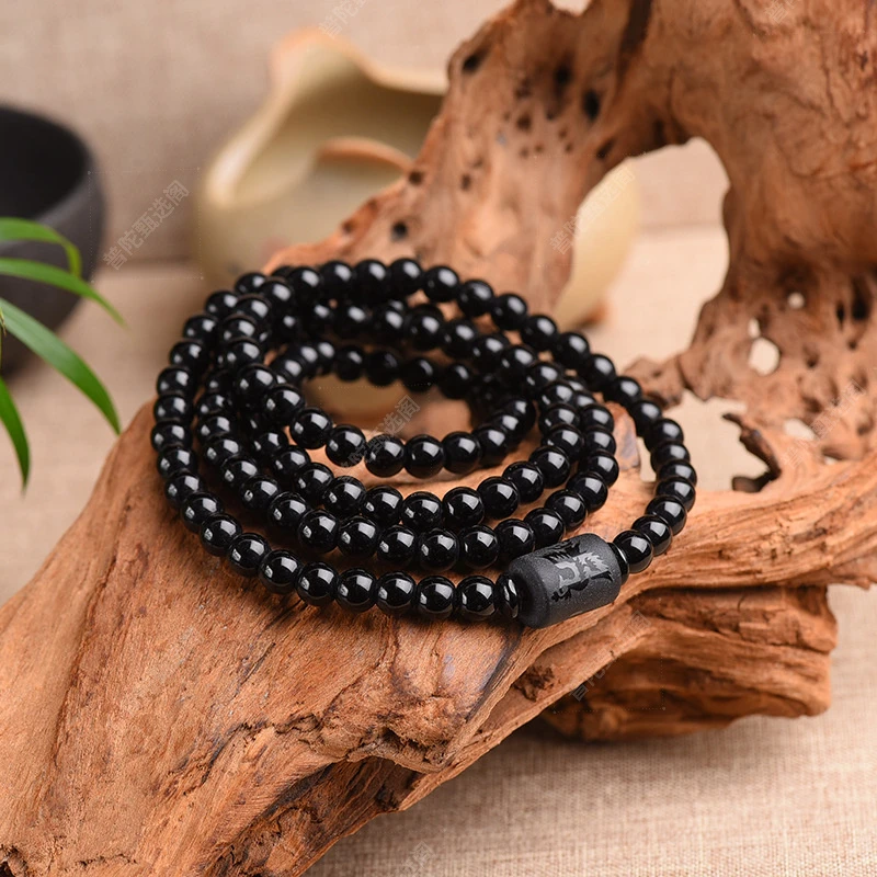龙凤多圈108颗黑曜石手链男女款情侣黑曜石龙凤手串三圈佛珠手串