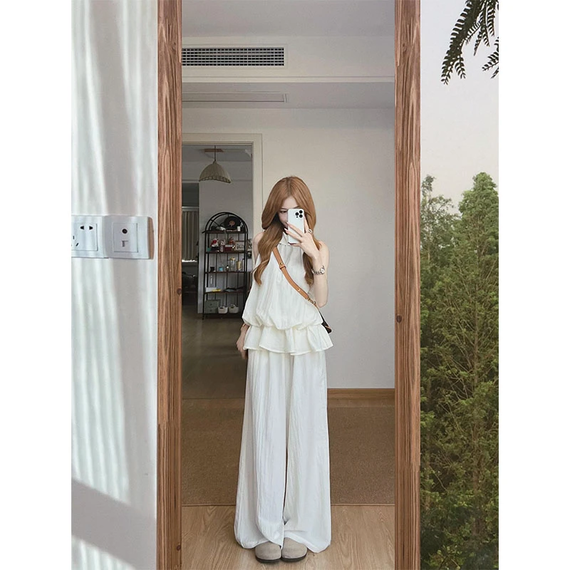 2025夏季时尚纯欲甜妹风无袖高级显瘦修身穿搭上衣休闲百搭长裤女