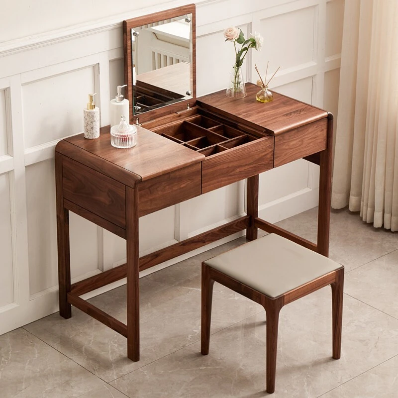 苏作集北美黑胡桃木梳妆台卧室简约现代化妆桌小户型翻盖梳妆台