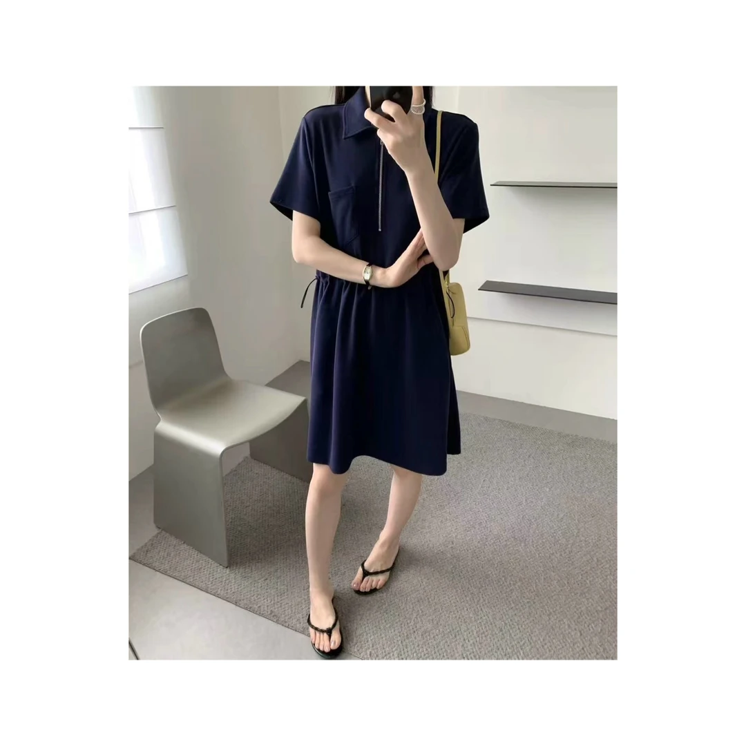 PLUR·PAN极简风翻领半拉链收腰显瘦短袖连衣裙 108